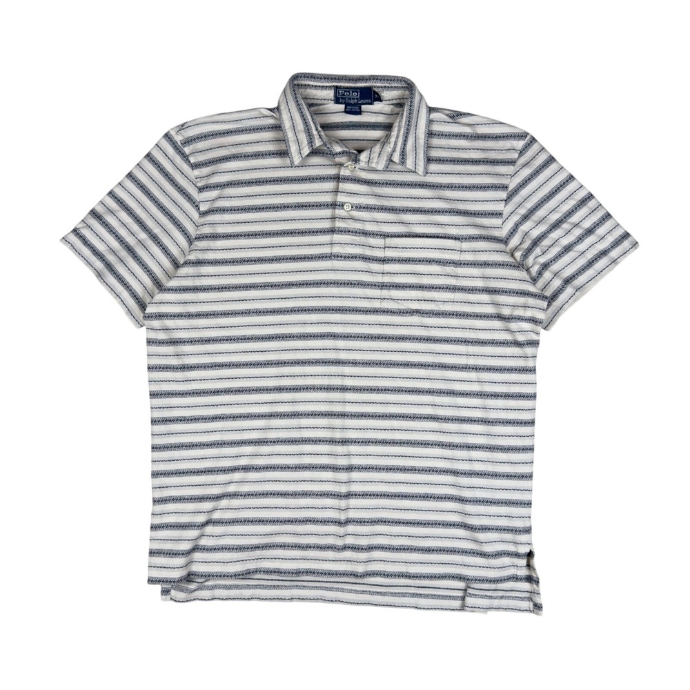 Y2K Polo Ralph Lauren Jacquard Stripe Polo Men's XL White Blue Peru Cotton Shirt